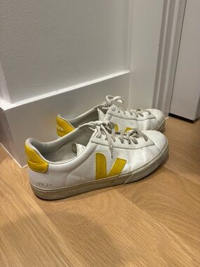 Veja White Leather Sneakers with Yellow Accents
